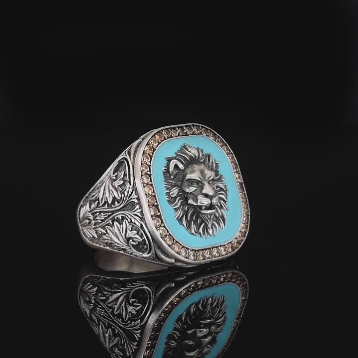 Vintage Silver Inlay Turquoise Leo Head Men's Ring