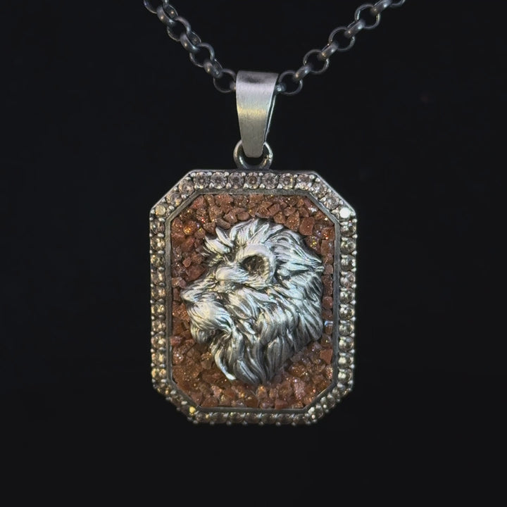 Masculine Silver Necklace Lion Head Pendant with Mosaic Stones