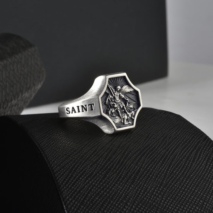 925 Sterling Silver Signet Ring with Saint Michael design